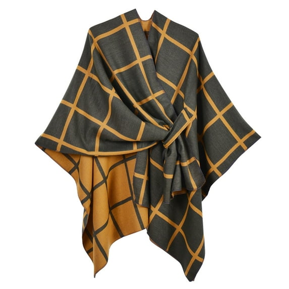 QQAMB Women’s Large Plaid Shawl Wrap Double Sided Wear Scarf Cape Piercing Design Shoulder Cape for Spring Fall Winter