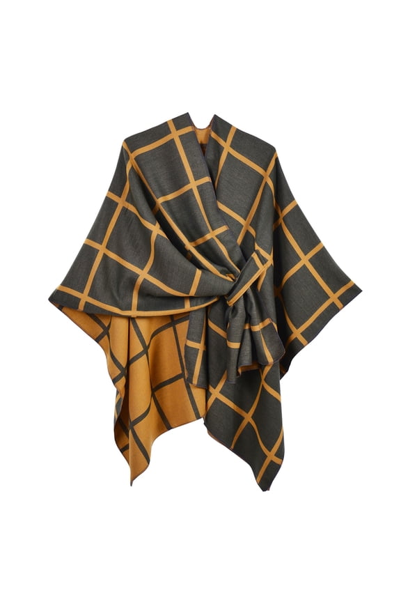 QQAMB Women’s Large Plaid Shawl Wrap Double Sided Wear Scarf Cape Piercing Design Shoulder Cape for Spring Fall Winter