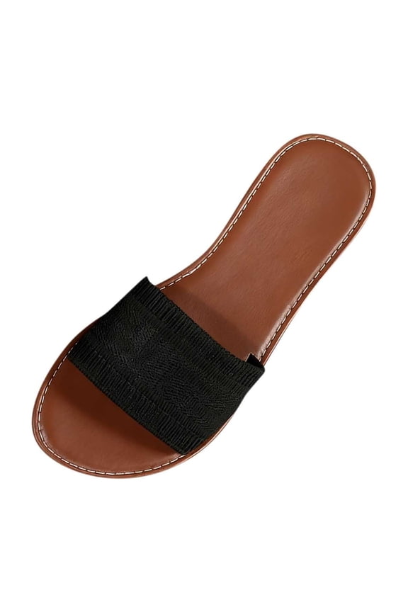 Women's Leather Single Band Flat Sandals Summer Open Toe Slip on Slide Sandal