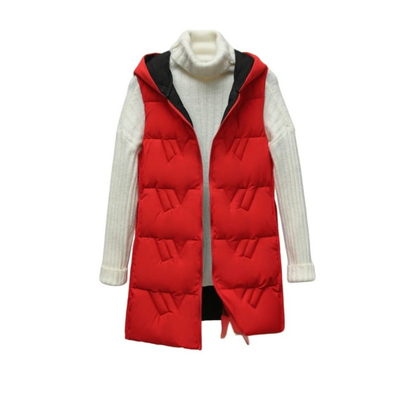 QQAMB Women's Long Puffer Vest Jacket Sleveless Hoodies Full Zipper Down Coats Thickened Warm Outwear with Hood Red 3XL