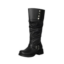 QQAMB Women's Mid-Calf Boots Vintage Motorcycle Style Round Toe High Block Heel With Platform Slip-On And Metal Buckle