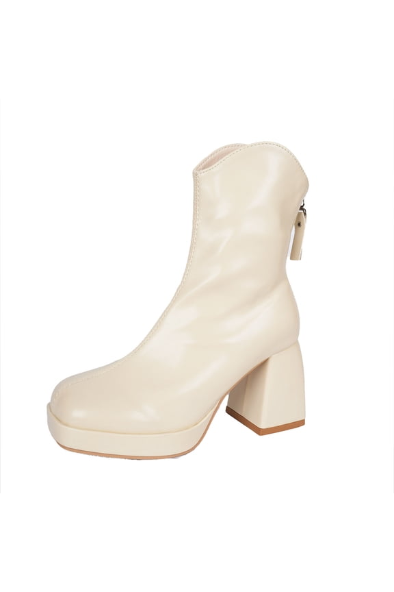 Women's Mid Calf Gogo Boots Platform High Chunky Block Heel Square Toe Ankle Boots