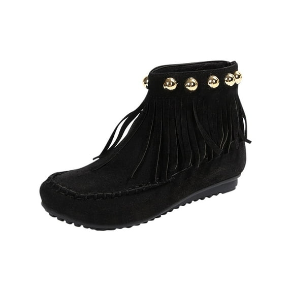 QQAMB Women's Moccasins Fringe Ankle Boots Vintage Lightweight Tassel Studded Booties Comfy Casual with Zip Flat High Top Booties