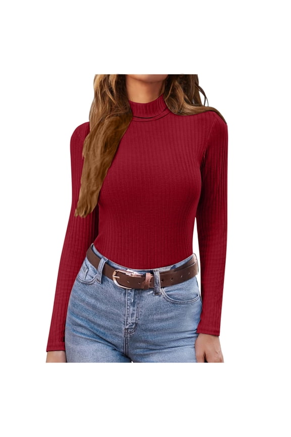 Women's Mock Turtleneck Long Sleeve Shirts Ribbed Knit Lightweight Pullover Sweater Stretch Fitted Thermal Top Red 3XL