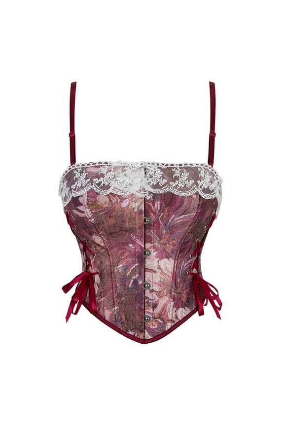 Women's Overbust Corset Top Floral Vintage Bustier With Adjustable Straps Lace-Up Slimming Bodice