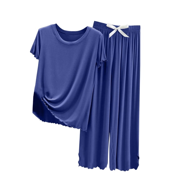 QQAMB Women's Pajamas Set Short Sleeve Top and Long Pants Lightweight Sleepwear Comfy Pjs Lounge Set Modal Pajamas Women Blue XL