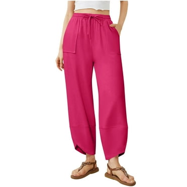 QQAMB Women's Pants Casual Wide Leg High Waist Drawstring Sweatpants Baggy Athletic Trousers with Pockets Hot Pink XL