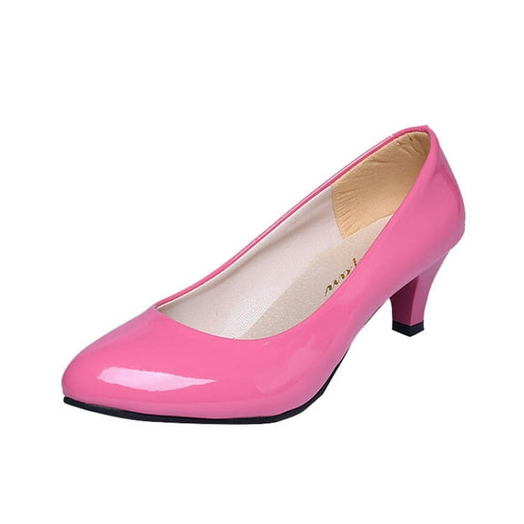 QQAMB Women's Patent Leather Stiletto Heel Pumps Comfortable Round Toe Slip On Low Mid Heel Non Slip Business Office Dress Shoes