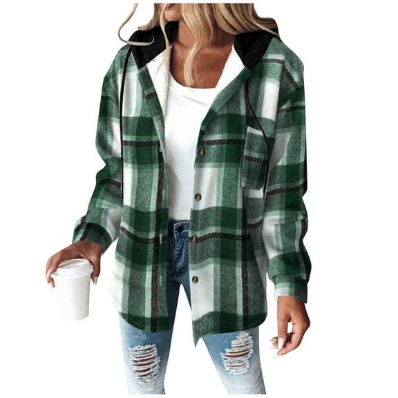 QQAMB Women's Plaid Shirts Button Down Long Sleeve Shacket Jacket Fleece Lined Hoodie Casual Trendy Blouse Top Green 2XL