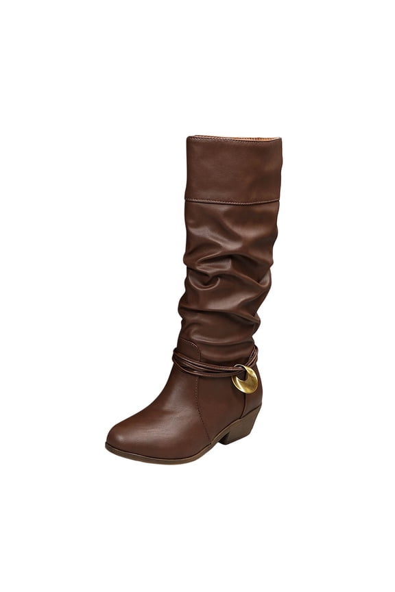 Women's Riding Boots Mid Calf Round Toe Slouchy Chunky Block Heels Comfortable Casual Pull On Ruched Low Heel Boot