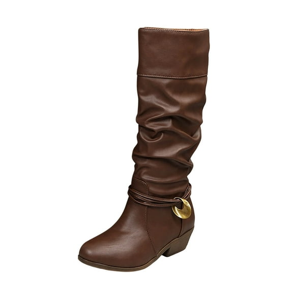 DeHolifer Women's Riding Boots Mid Calf Round Toe Slouchy Chunky Block Heels Comfortable Casual Pull On Ruched Low Heel Boot
