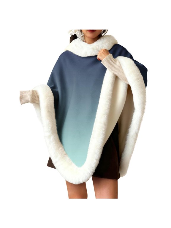 Women's Shawl Furry Warm Cape Coat Pullover Poncho Fluffy Fur-Collar Shawl Wrap Gradient Color Fall Winter Outdoor/Indoor Cloak