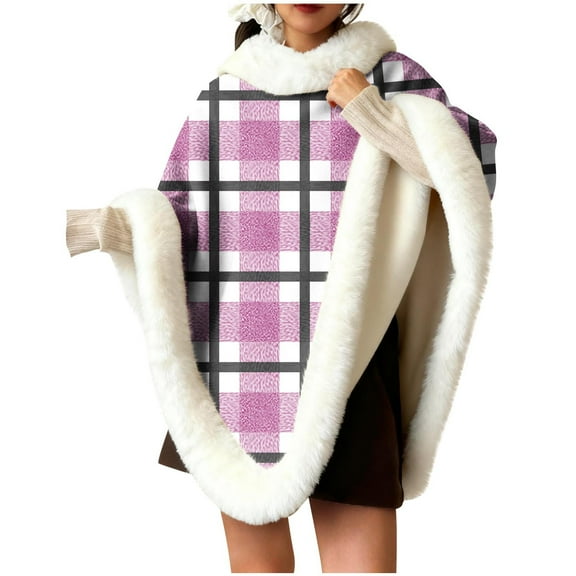 QQAMB Women's Shawl Furry Warm Cape Coat Pullover Poncho Fluffy Fur-Collar Shawl Wrap Plaid Printed Fall Winter Outdoor/Indoor Cloak
