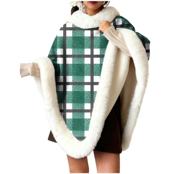 QQAMB Women's Shawl Furry Warm Cape Coat Pullover Poncho Fluffy Fur-Collar Shawl Wrap Plaid Printed Fall Winter Outdoor/Indoor Cloak