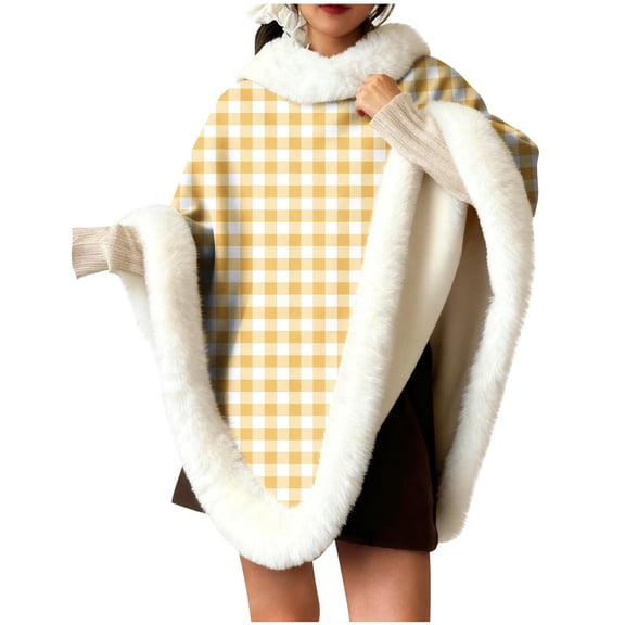 QQAMB Women's Shawl Furry Warm Cape Coat Pullover Poncho Fluffy Fur-Collar Shawl Wrap Plaid Printed Fall Winter Outdoor/Indoor Cloak
