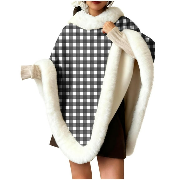 QQAMB Women's Shawl Furry Warm Cape Coat Pullover Poncho Fluffy Fur-Collar Shawl Wrap Plaid Printed Fall Winter Outdoor/Indoor Cloak