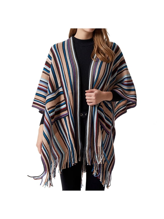 Women's Shawl Vintage Plaid Knitted Tassel Poncho Wrap Shawl Cardigan Fashion Loose Warm Winter Coat Cape Shawl with Pockets