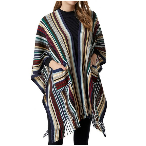 QQAMB Women's Shawl Vintage Plaid Knitted Tassel Poncho Wrap Shawl Cardigan Fashion Loose Warm Winter Coat Cape Shawl with Pockets