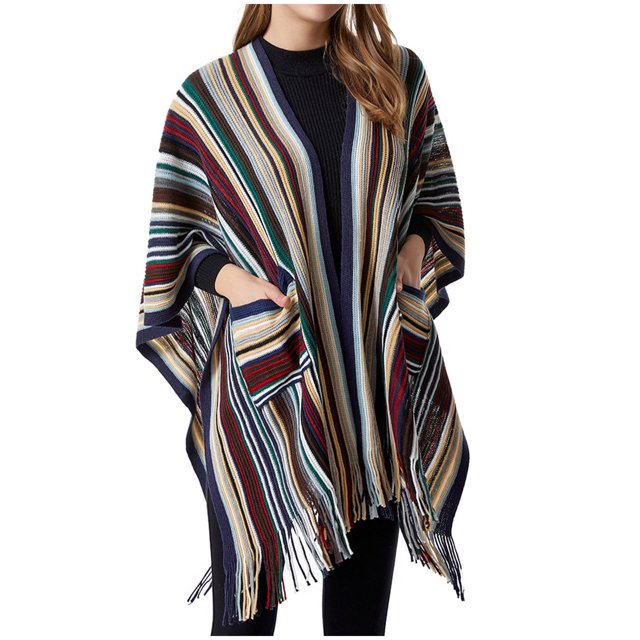 DeHolifer Women's Shawl Vintage Plaid Knitted Tassel Poncho Wrap Shawl Cardigan Fashion Loose Warm Winter Coat Cape Shawl with Pockets
