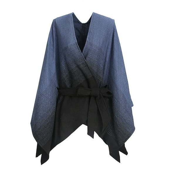 QQAMB Women's Shawl Wrap Poncho Cape Open Front Cardigan Shawls Gradient Color Cape for Fall Winter with Waist Belt