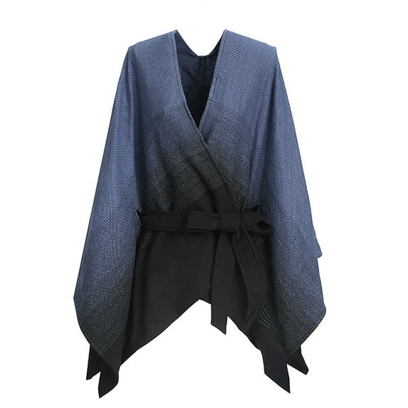QQAMB Women's Shawl Wrap Poncho Cape Open Front Cardigan Shawls Gradient Color Cape for Fall Winter with Waist Belt