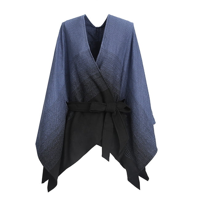 QQAMB Women's Shawl Wrap Poncho Cape Open Front Cardigan Shawls Gradient Color Cape for Fall Winter with Waist Belt