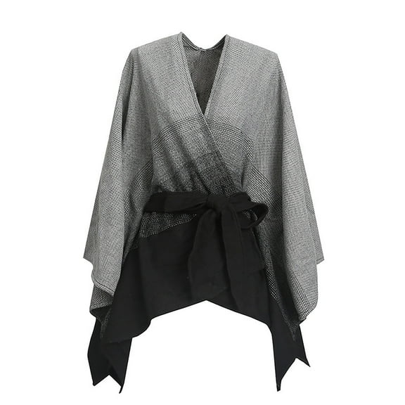 QQAMB Women's Shawl Wrap Poncho Cape Open Front Cardigan Shawls Gradient Color Cape for Fall Winter with Waist Belt