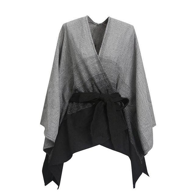 QQAMB Women's Shawl Wrap Poncho Cape Open Front Cardigan Shawls Gradient Color Cape for Fall Winter with Waist Belt