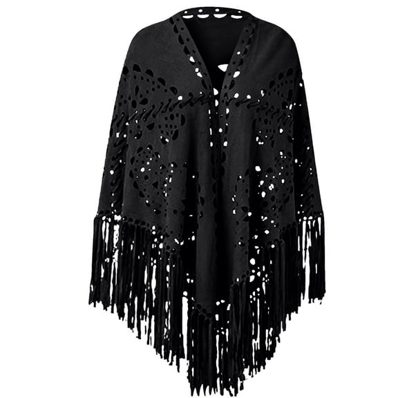 QQAMB Women's Shawls Suedette Cut Out Asymmetric Fringed Cape Kimono Blue Blouse with Tassel
