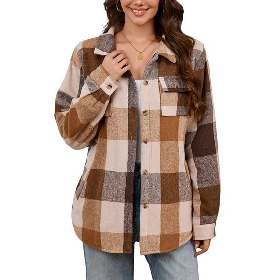 QQAMB Women's Sherpa Lined Flannel Shirt Jacket Plaid Button Down Jacket Coat for Women with Pocket Multicolor M
