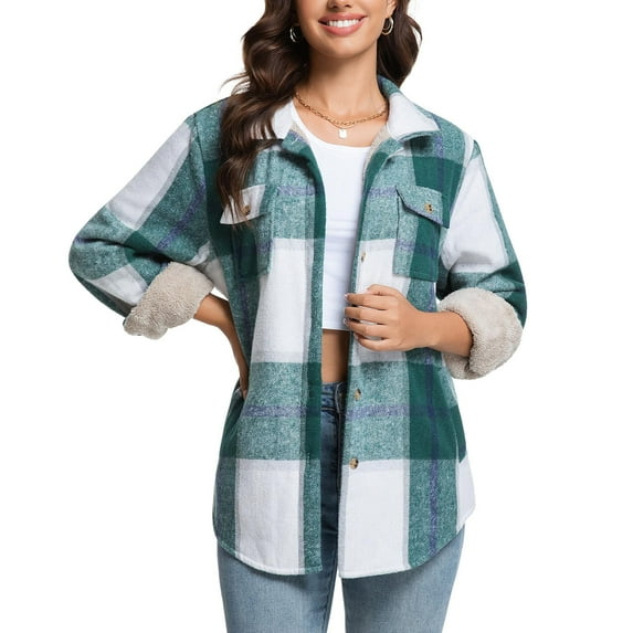 QQAMB Women's Sherpa Lined Flannel Shirt Jacket Plaid Button Down Jacket Coat for Women with Pocket Multicolor M