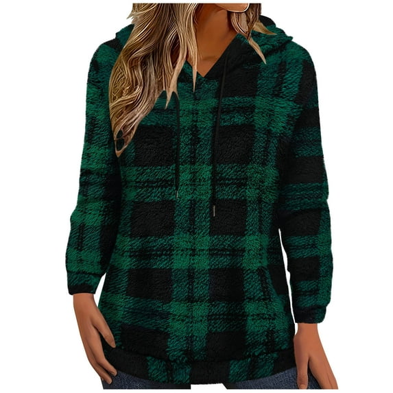 QQAMB Women's Sherpa Pullover Sweatshirt Faux Fleece Plaid Color Block Hoodie Curved Hem Double Fuzzy Hoodies with Pockets Green M