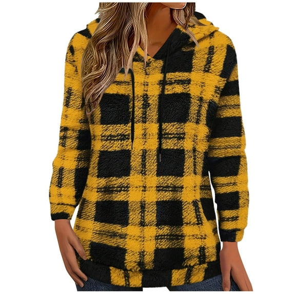 QQAMB Women's Sherpa Pullover Sweatshirt Faux Fleece Plaid Color Block Hoodie Curved Hem Double Fuzzy Hoodies with Pockets Yellow XL