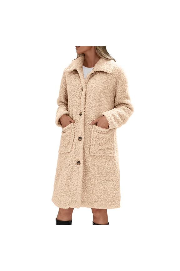 Women's Sherpa Warm Jackets, Long Sleeve Lapel Loose Fuzzy Coat Winter Fashion Button Down Casual Long Teddy Coats Beige L