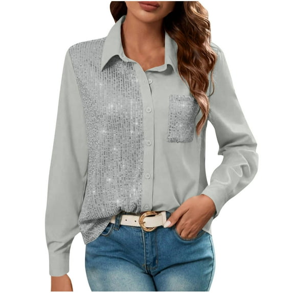 QQAMB Women's Shirts Contrast Sequin Button Up Long Sleeve Shirt Party Top with Pocket
