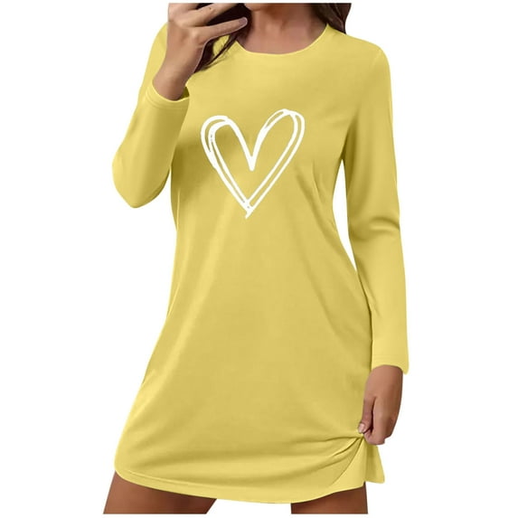 QQAMB Women's Short Night Gown Cute Heart Graphic Sleepshirts Short Sleeve Nightgowns Comfy Lounge House Sleepwear Pajama Dresses Yellow M