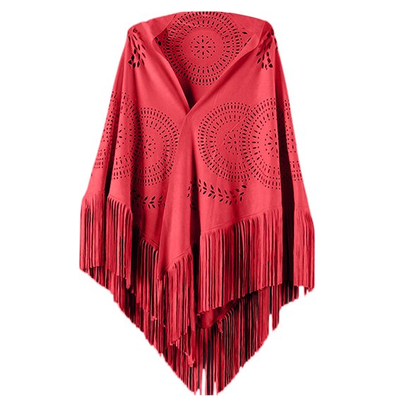 QQAMB Women's Shwal Fall Winter Trendy Faux Suede Fringed Shawl Wrap Hollow Stole Cape Scarf with Long Tassels