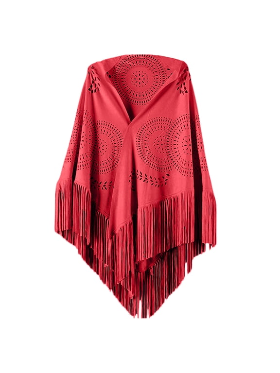 QQAMB Women's Shwal Fall Winter Trendy Faux Suede Fringed Shawl Wrap Hollow Stole Cape Scarf with Long Tassels