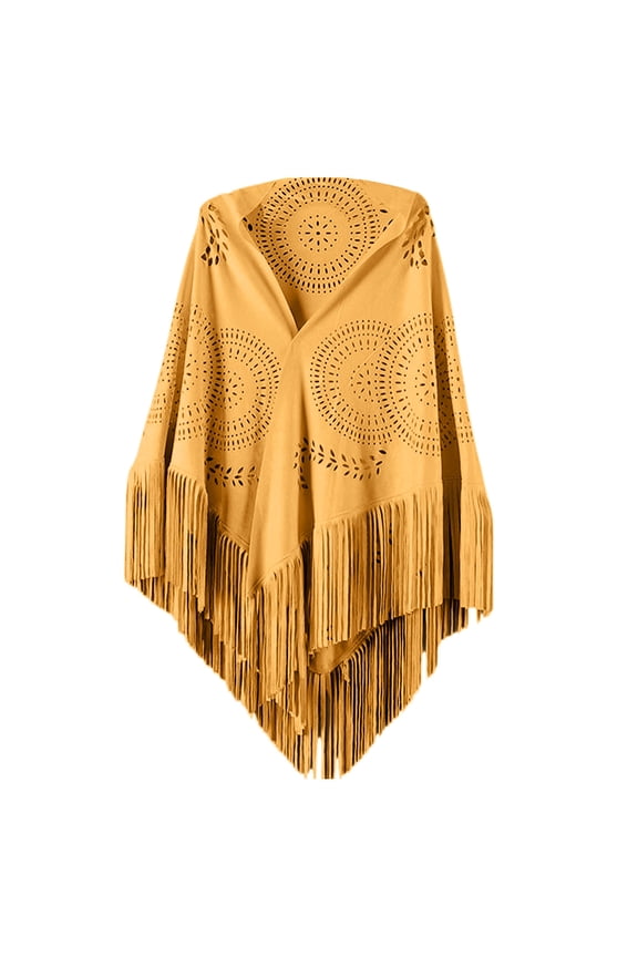 Women's Shwal Fall Winter Trendy Faux Suede Fringed Shawl Wrap Hollow Stole Cape Scarf with Long Tassels