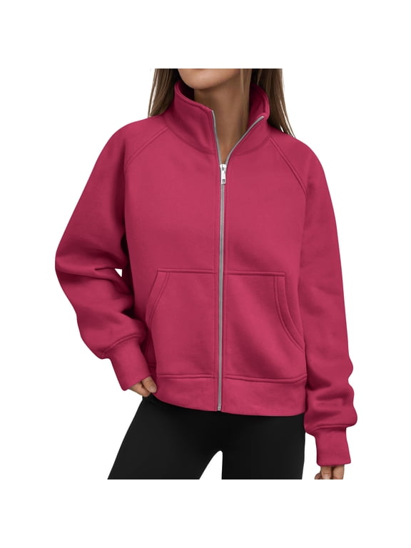 Women's Stand Collar Full Zip Up Sweatshirt Loose Fleece Jacket Trendy Hoodies Lightweight Coats with Pockets Hot Pink XL