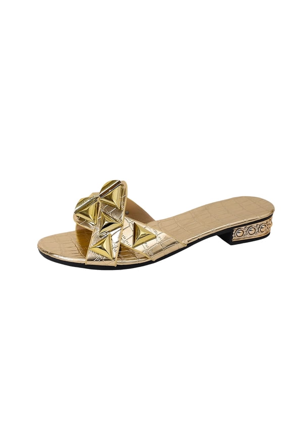 Women's Studded Gold Flat Sandals Dressy Square Open Toe Summer Vacation Slip on Slides Shoes