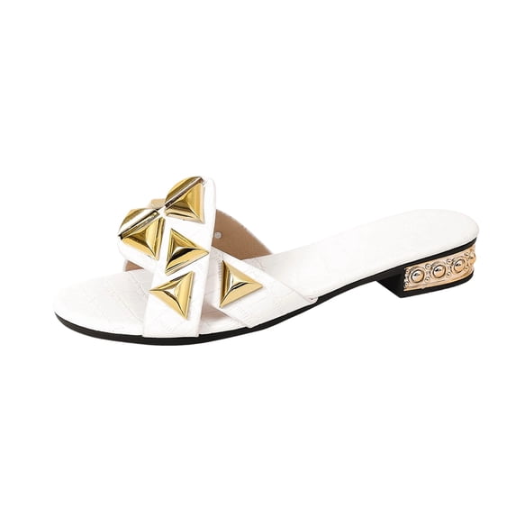 DeHolifer Women's Studded Gold Flat Sandals Dressy Square Open Toe Summer Vacation Slip on Slides Shoes