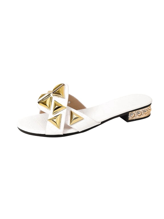 Women's Studded Gold Flat Sandals Dressy Square Open Toe Summer Vacation Slides Shoes