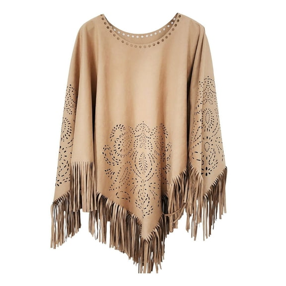 QQAMB Women's Suede Cut Out Asymmetric Fringed Cape Kimono Pullover Blouse Casual Loose Solid Color Cloak with Tassel