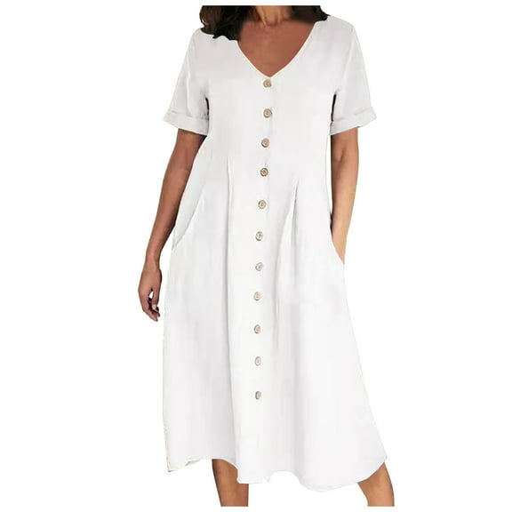 QQAMB Women's Summer Dress Casual V-Neck Button Down Shirt Dress Solid Short Sleeve Cotton Linen Dress Plus Size Maxi Dress White 2XL