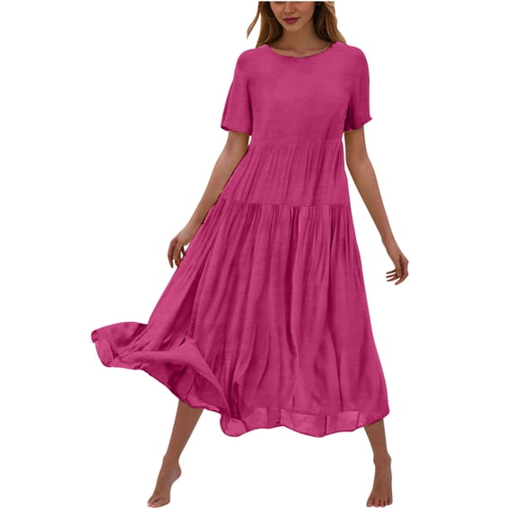 DeHolifer Women's Summer Dress Midi Crewneck Solid Color Dresses Casual Loose Trendy Ruffle Tiered Flowy Boho Beach Dress Hot Pink S