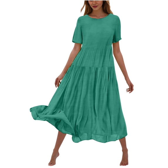 DeHolifer Women's Summer Dress Midi Crewneck Solid Color Dresses Casual Loose Trendy Ruffle Tiered Flowy Boho Beach Dress Mint Green 2XL