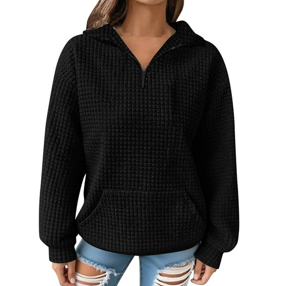 QQAMB Women's Sweatshirt 1/4 Zip Collared V-Neck Waffle Knitted Pullover Casual Fall Long Sleeve Sweatshirts