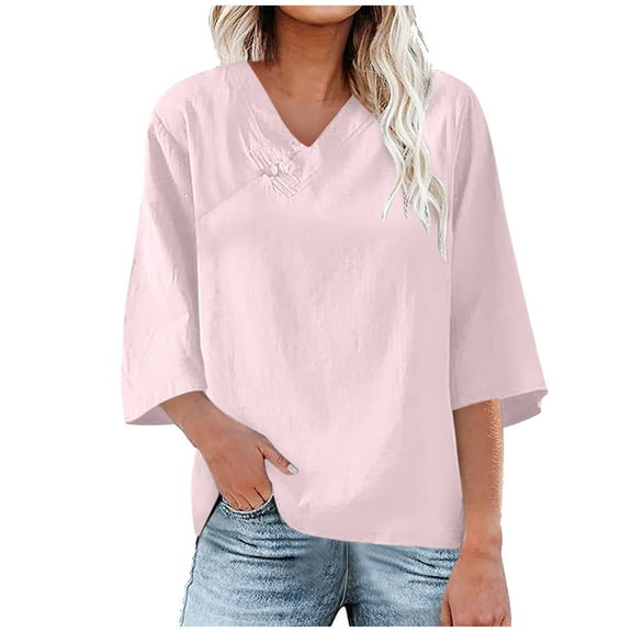 QQAMB Women's T-Shirt Floral Embroidered Summer Cotton Linen V-Neck Bohemian Tops Oversized Short Sleeve Blouse Pink S