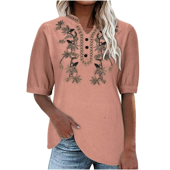 QQAMB Women's T-Shirts Embroidered Blouse Cotton Linen Short Sleeve Peasant Boho Tunic Tops Casual Notch V-Neck Loose T-Shirt Pink L